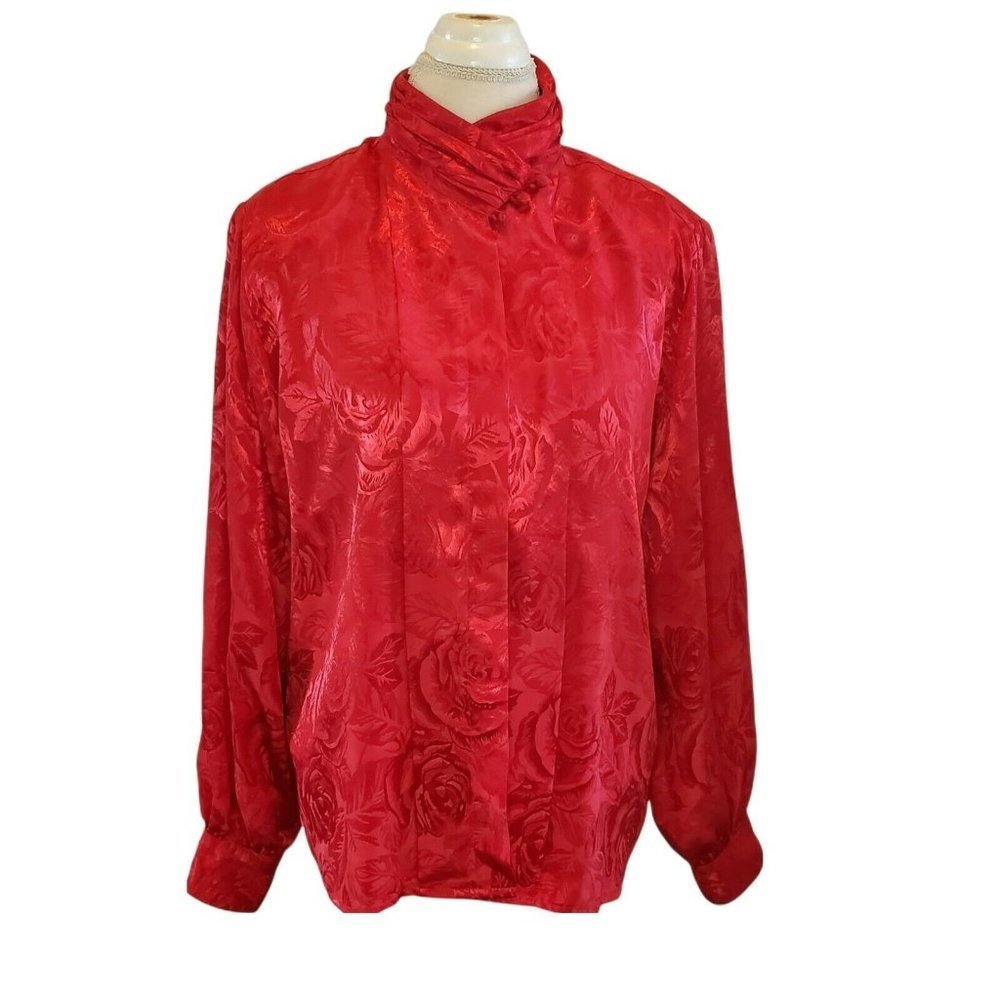 Vintage‎ 80s Satin Secretary Blouse Rose Floral Print Button Up Sz M L
